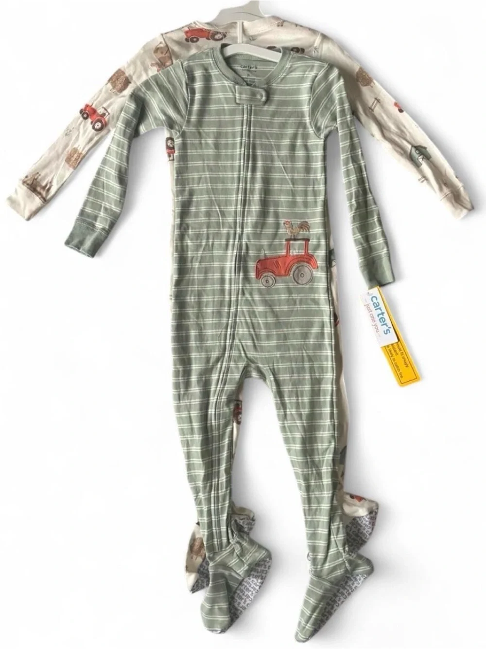 Carter's Green Stripe & Tractor Print Farm Footed One-Piece Sleeper Bundle 3T